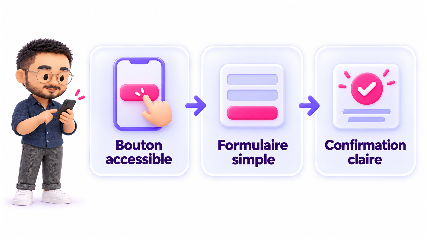 Un bouton accessible, un formulaire simple et une confirmation claire facilitent la prise de rendez-vous.