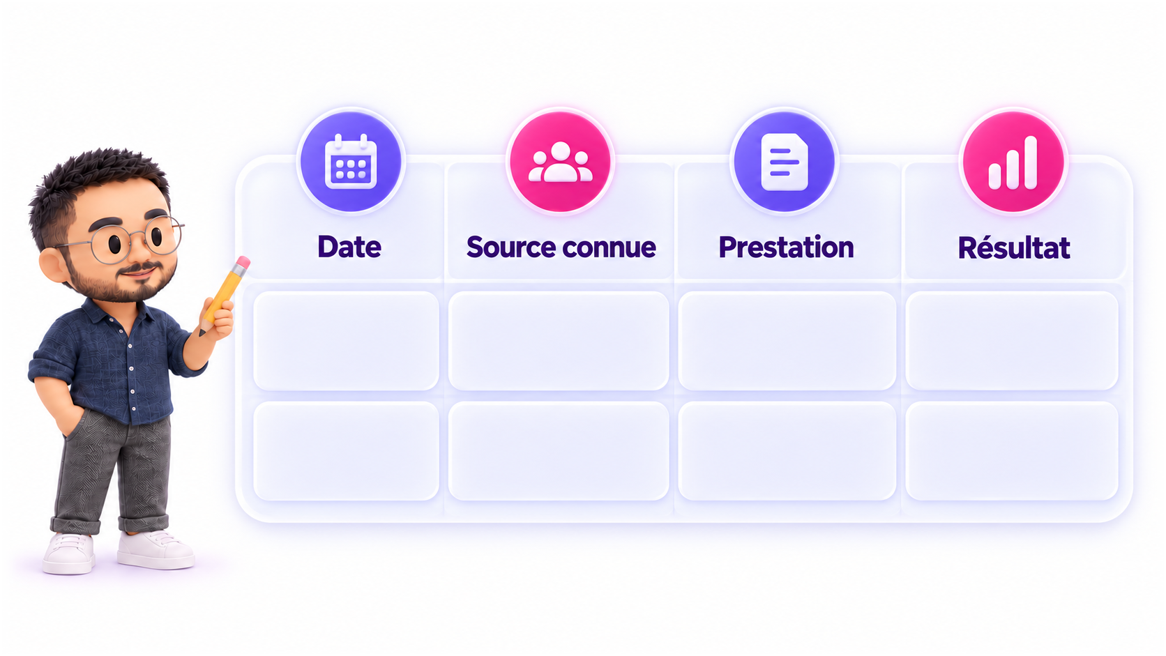 Un tableau de suivi à remplir avec la date, la source connue, la prestation et le résultat.