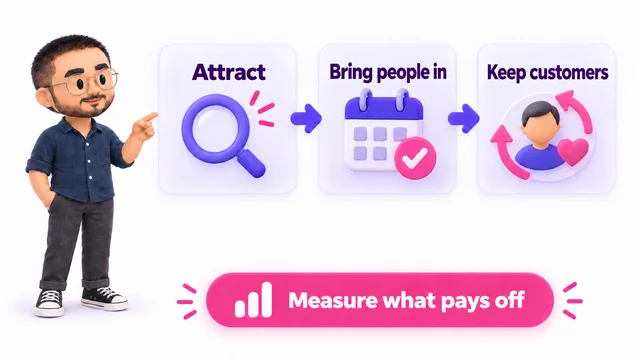 Attract the right people, get them to visit and keep them coming back, then measure what pays off.